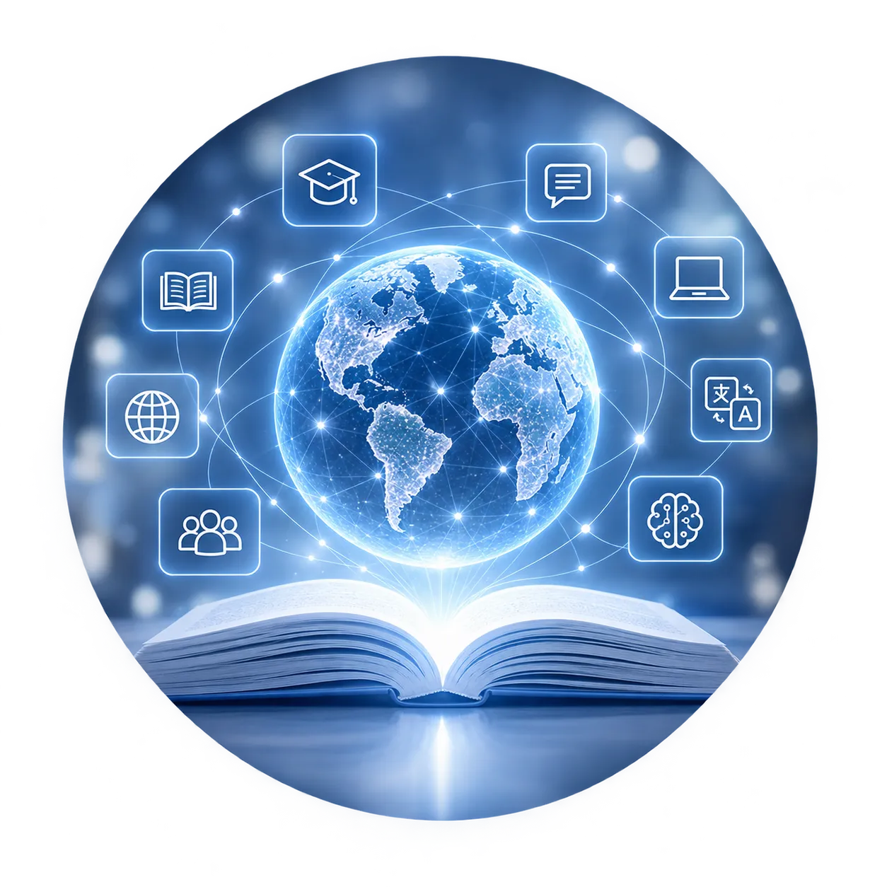 A glowing globe rising from an open book, surrounded by icons of learning: the symbol of the Knowledge Revolution.
