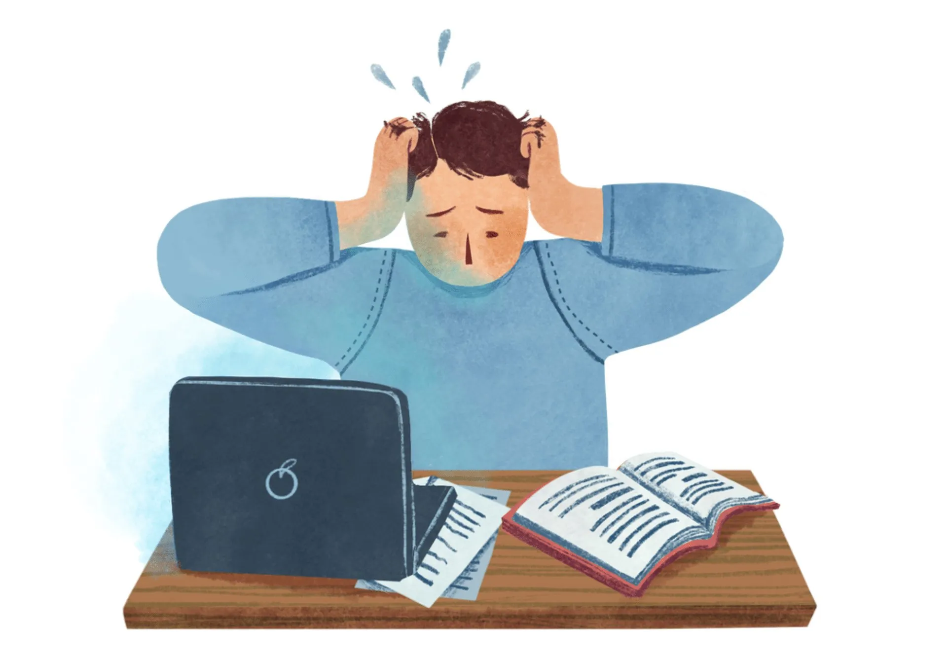 Illustration of a stressed student holding their head in front of a laptop and an open book.