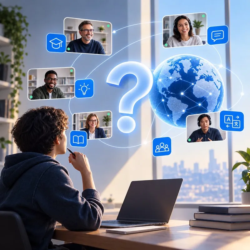 A student at a laptop looks at a glowing question mark and a globe, surrounded by video portraits of teachers.