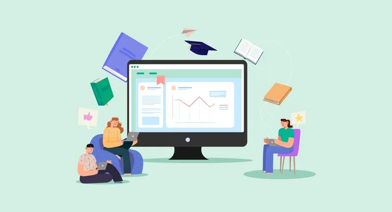 Illustration of students learning on laptops around a large screen, surrounded by flying books and a graduation cap.