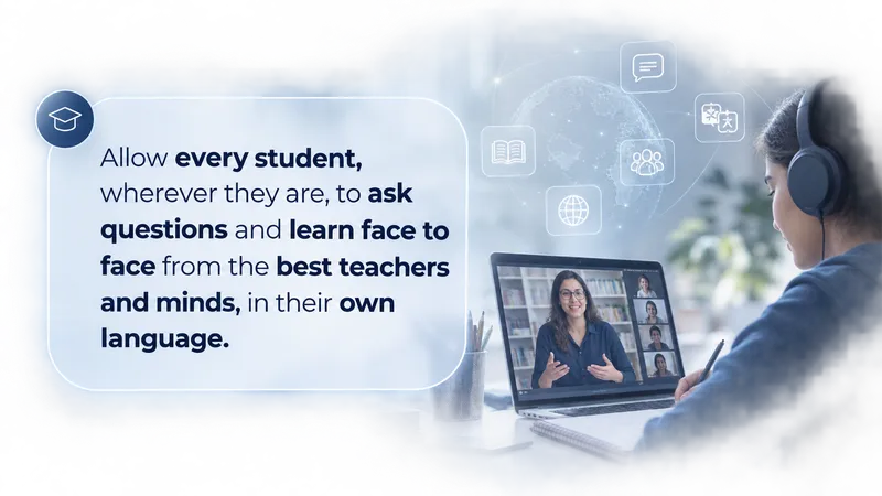 A student with headphones learning face to face with a teacher on a laptop, next to the text of our Challenge.