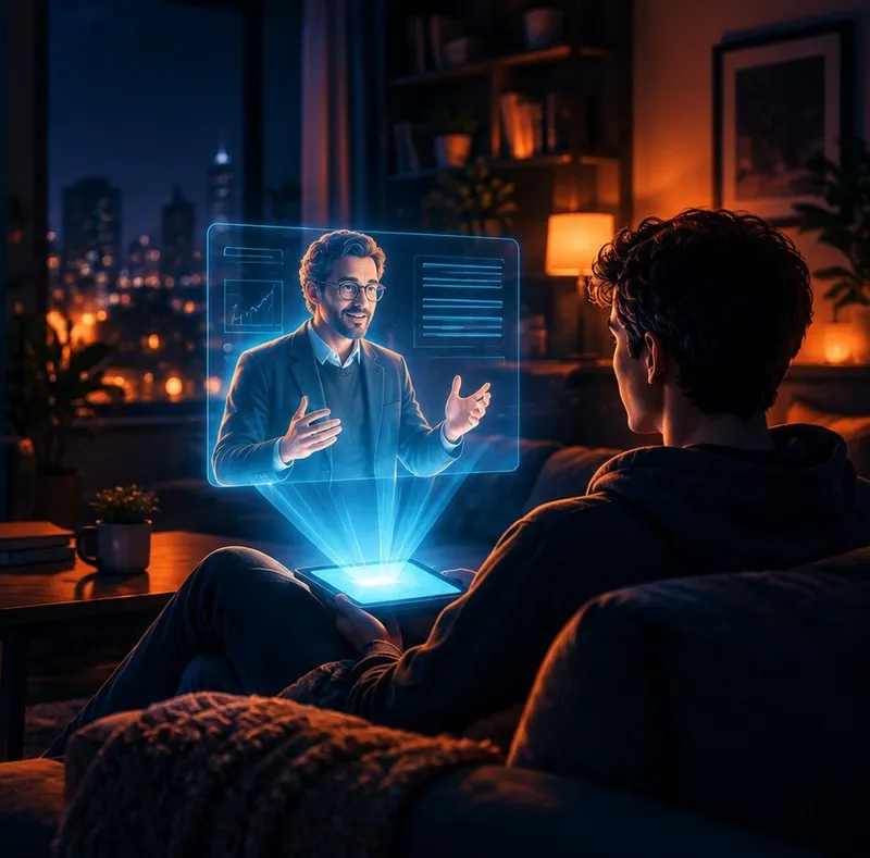 At night, a student on a sofa talks with a holographic teacher projected from a tablet.