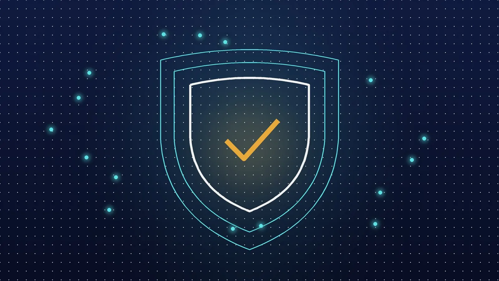 A glowing shield with a gold check mark at its centre, surrounded by small points of light.